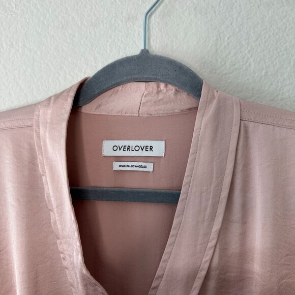 Revolve Overlover Blush Pink Satin Jumpsuit Wide Leg V Neck Button Front S - Picture 6 of 7